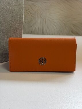Tory Burch Eyeglasses Sunglasses Case Faux Leather Textured Orange Soft Medium